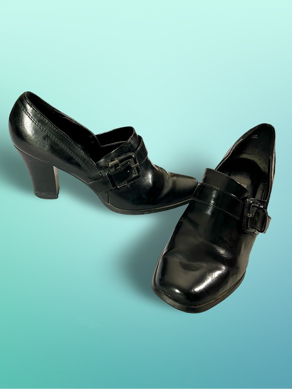 Vintage Studio Works Black Square Toe 3 inch Block Heel Monk Strap Pumps Sz8.5
